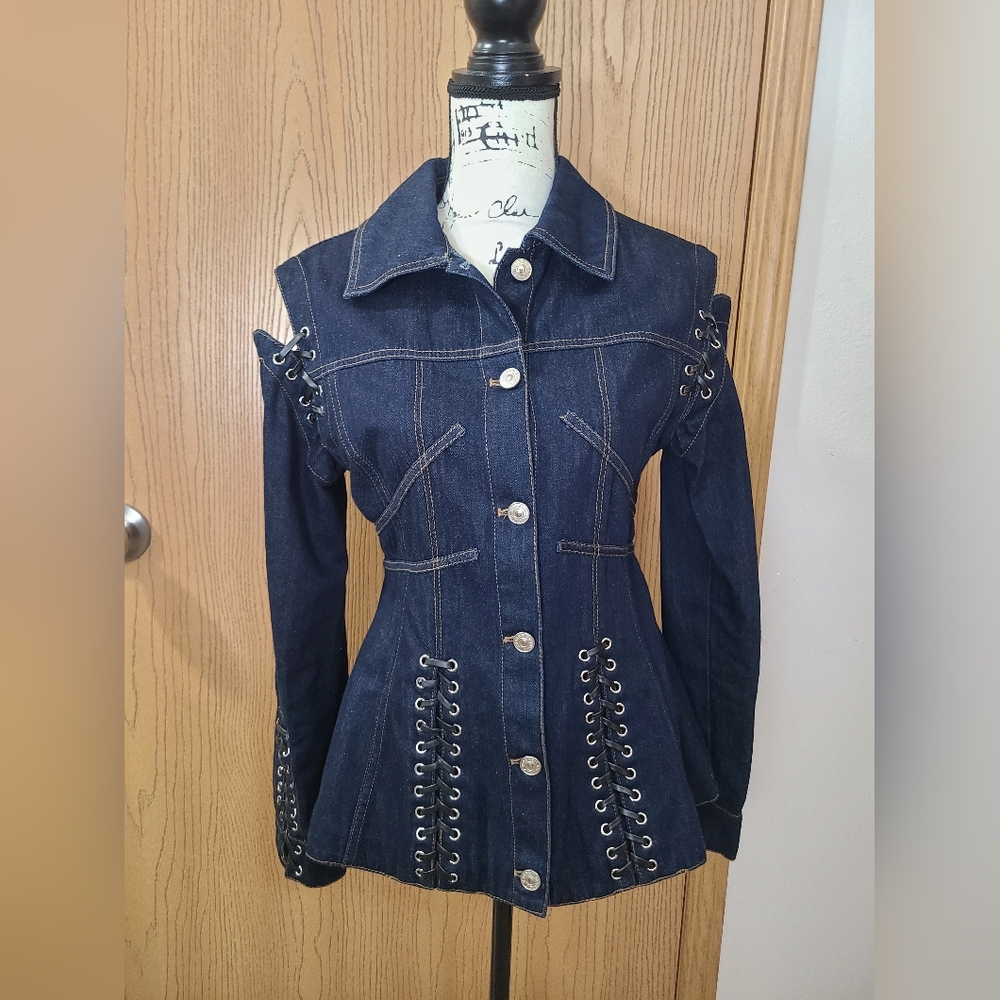 Lace Up Denim Corset Bustier Peplum Cutout Shoulder Jean Jacket Sydney Sweeney - Picture 2 of 5